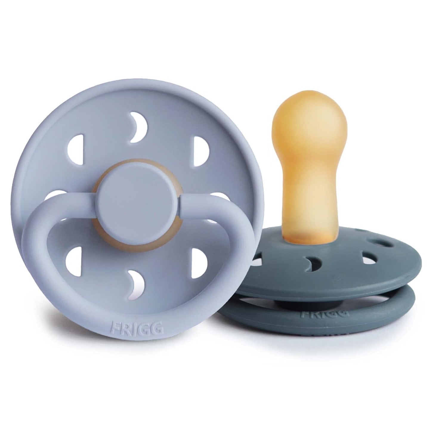 FRIGG Moon Natural Rubber Baby Pacifier | Made in Denmark | BPA-Free (Powder Blue/Slate, 6-18 Months) 2-Pack