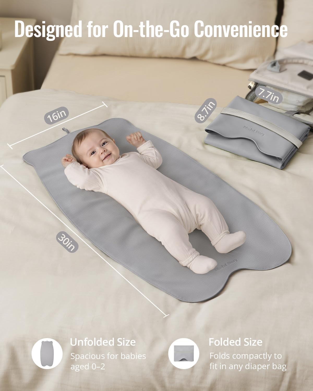 Blissful Diary Vegan Leather Portable Changing Pad, Wipeable & Waterproof Baby Change Mat in Diaper Bag, Travel Essential & Registry Gift, Light Gray