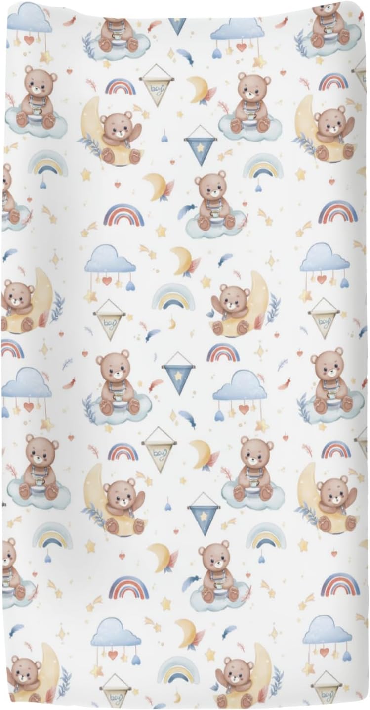 Watercolor Bear Rainbow Blue Changing Pad Covers for Baby Boys Cute Bears Moon Stars Clouds Fitted Change Table Covers Mats Animal Soft Diaper Changing Table Sheets for 32''×16'' Contoured Pad