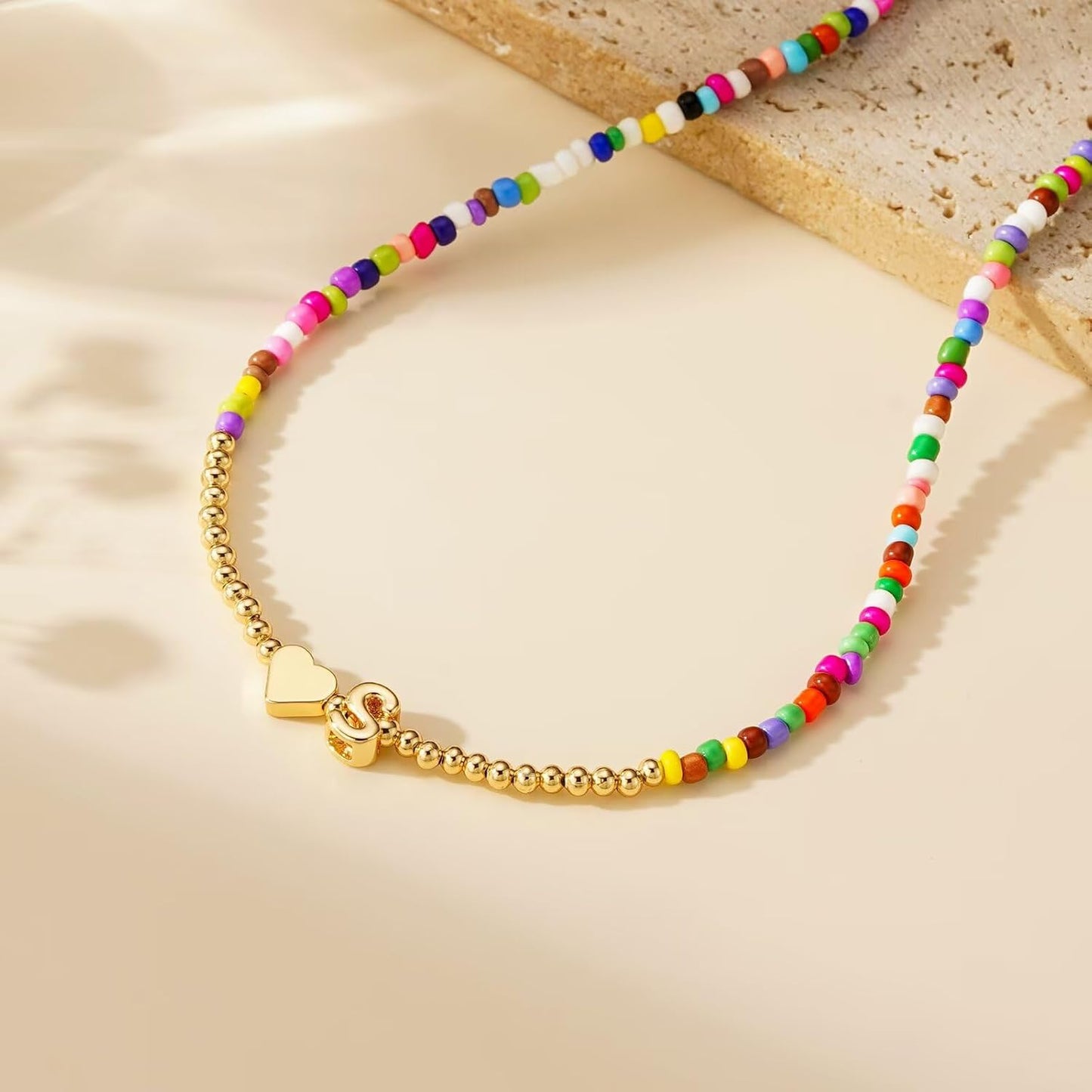 M MOOHAM Stocking Stuffers for Teen Girls Christmas Gifts - Heart Initial Necklaces for Women Kids Colorful Beaded Tiny Heart Initial Choker Necklace Jewelry for Teen Girls Trendy Birthday Gifts
