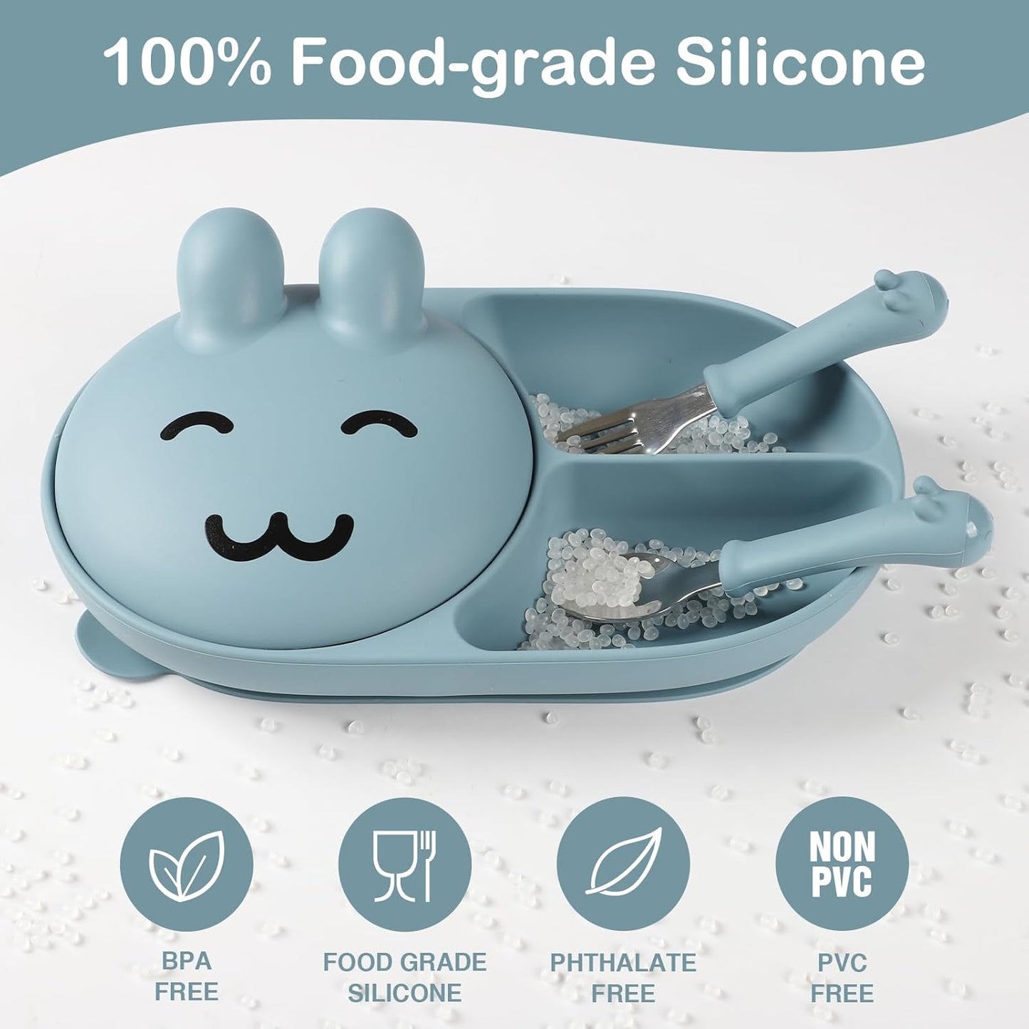 Silicone Baby Plate,Toddler plates,Self-feeding of infants after weaning, 100% Food Grade Silicone, BPA Free, Including Fork and Spoon, Baby Plates With Suction, Divided Plate for Babies(blue)