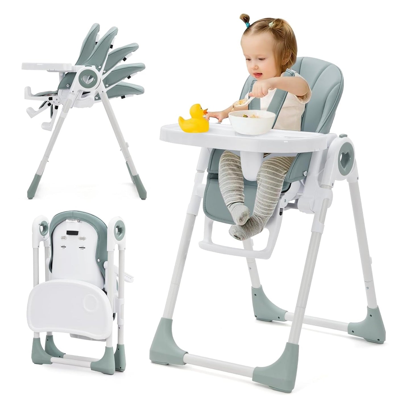 Foldable High Chairs for Babies and Toddlers, Adjustable Infant Baby Chair with Removable Tray and Non-Slip Foot Pads, Highchair for Children Aged 6 to 36 Months, Green