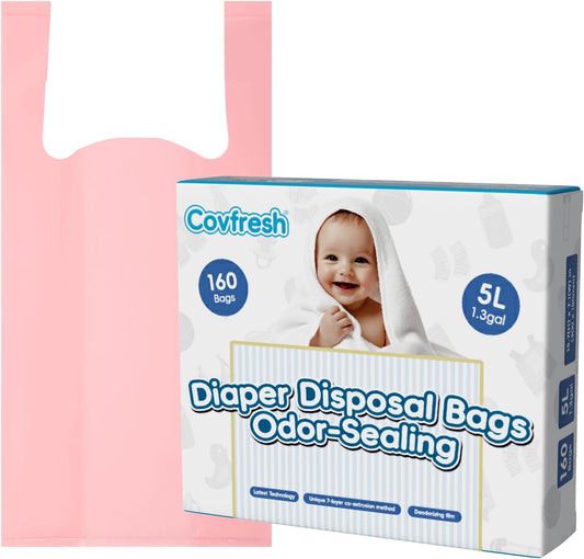 Odor Sealing Disposable Diaper Bags with Tie Handle, 160 count, Large Capacity, Unscented & Durable Diaper Trash Bags for Home & Baby Travel Use (Color:Pink)