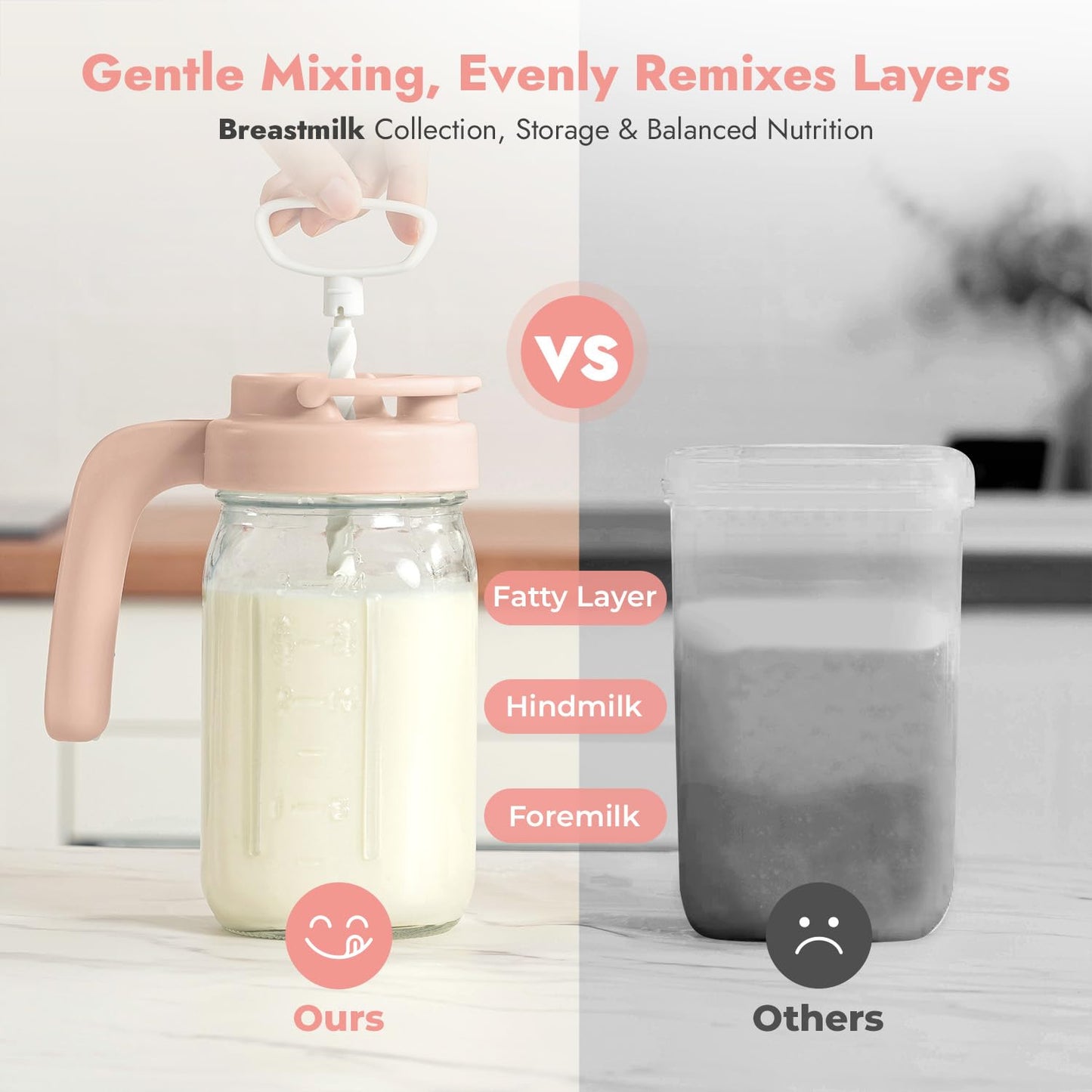 Papablic Glass Breastmilk Pitcher, Formula Mixing Pitcher with Mixing Handle Lid, Wide Mouth Mason Jar Mixer with Flip Locking Spout, Easy to Clean, BPA Free, Pink