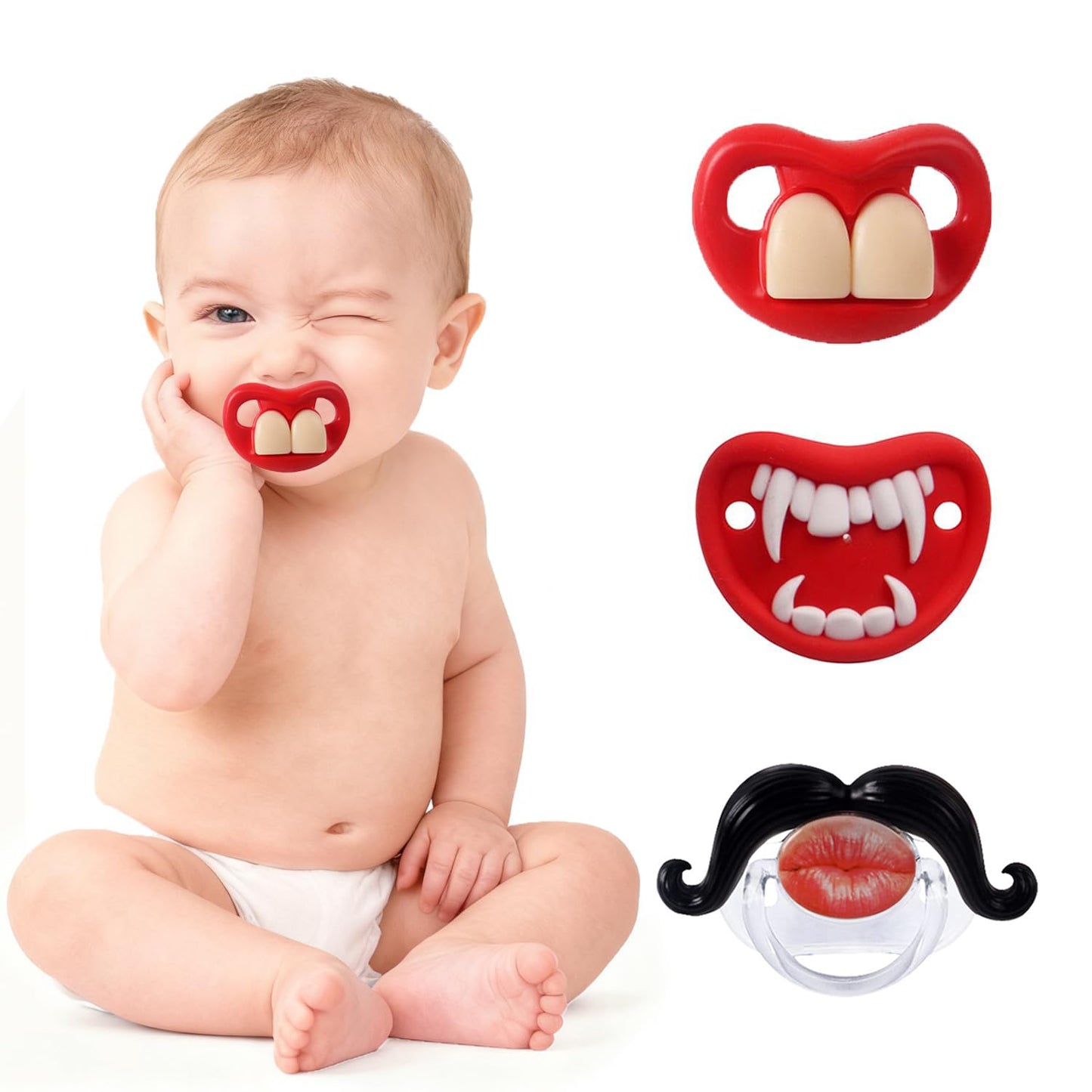 Funny Baby Pacifiers,Mustache Pacifiers for Babies 0-18 Months,Baby Teeth and Vampire Pacifier Funny Pacifiers for Boys and Girls BPA Free