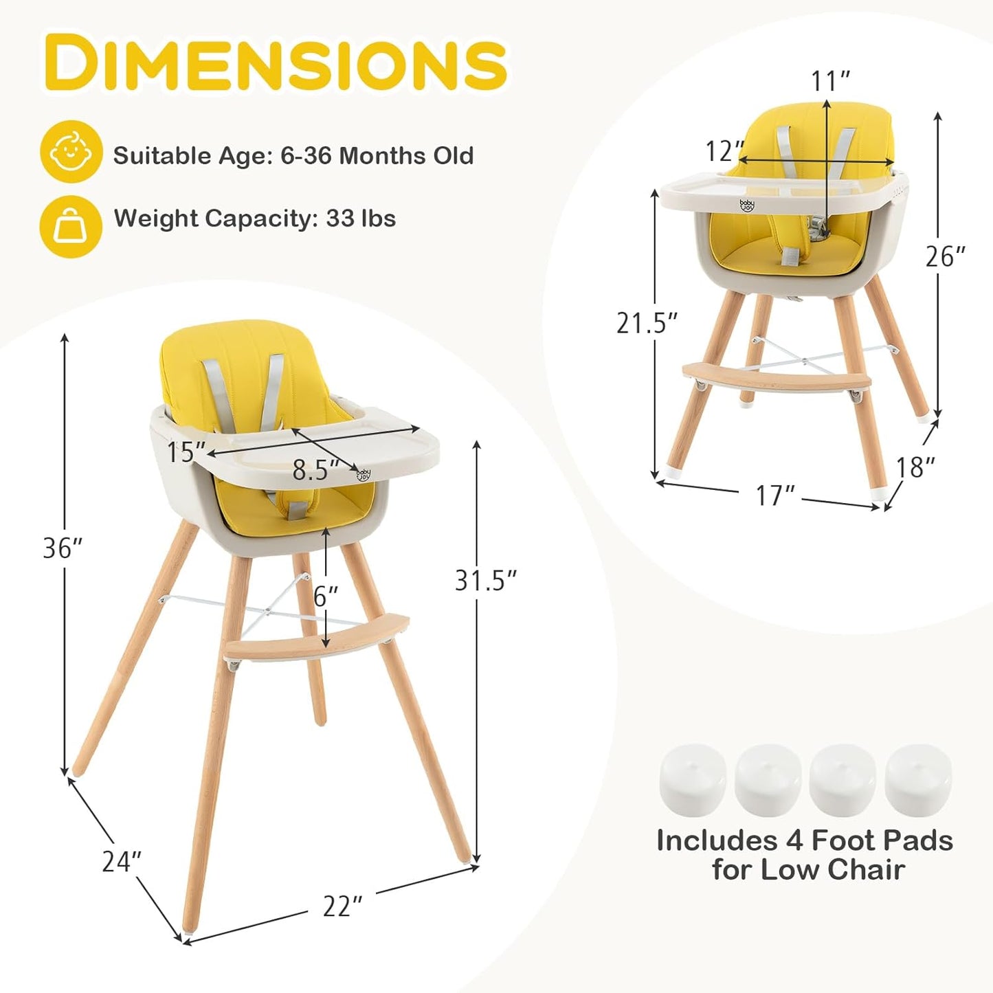 BABY JOY Convertible Baby High Chair, 3 in 1 Wooden Highchair/Booster/Chair with Removable Tray, Adjustable Legs, 5-Point Harness, PU Cushion and Footrest for Baby, Infants, Toddlers (Yellow)