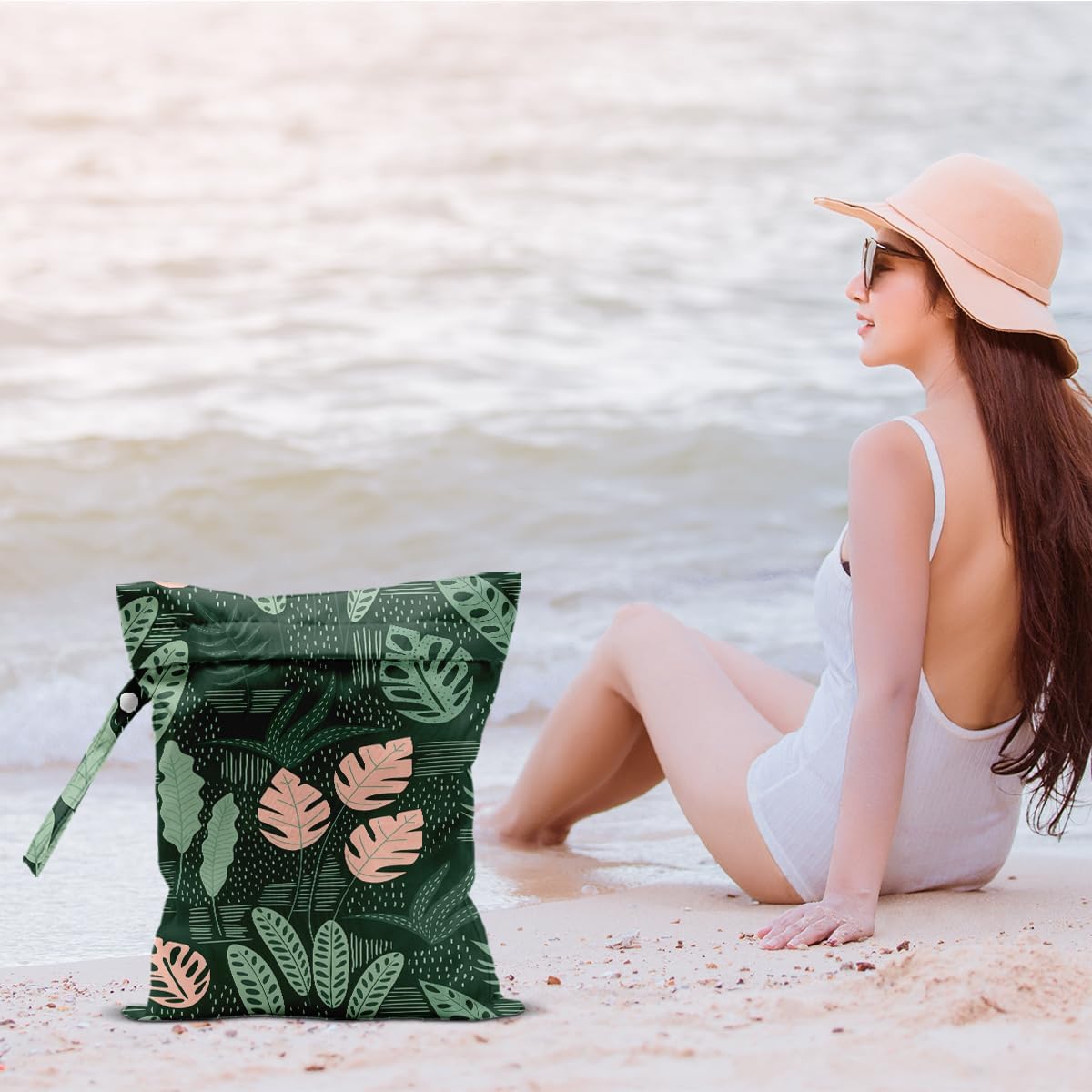 Plant Wet Bags 12x10 Inch, Summer Waterproof Wet Dry Bags, Palm Leaves Reusable Washable Travel Laundry Bag for Swimsuit Beach Diapers Dirty Yoga Gym Clothes, Plant Gifts for Women Friend Travelers