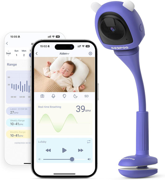 Baby Camera Monitor for AI Solution for Breathing Tracker, 2K HD Baby Monitor with Camera with Audio Video, Night Vision, Smartphone App, 2-Way Audio, Soothing Sound, No Monthly Fee Crib Mount