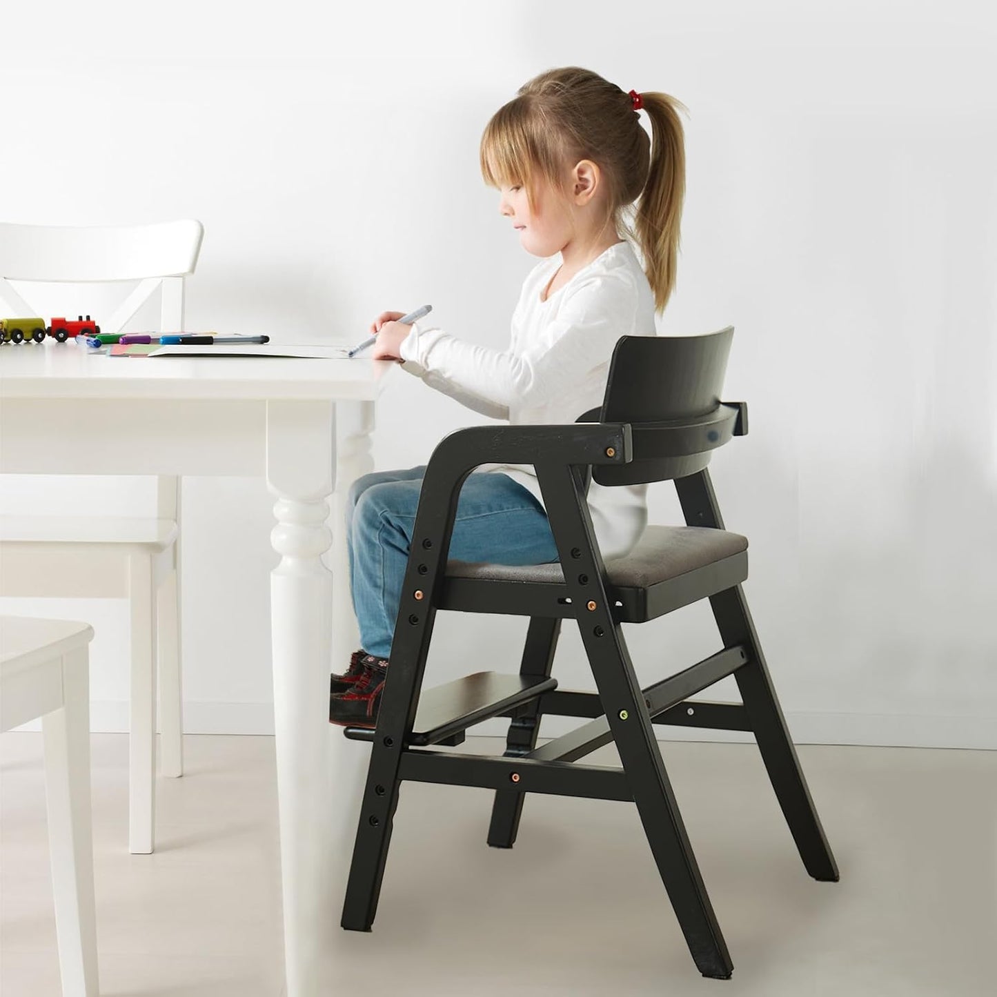 Solid Wood High Chair for Toddlers, Baby Highchair, Adjustable HighChair for Babies/Toddlers with Removable Cushion, Children Kids DiningChair, Teens Study Chair with Steps (Black)