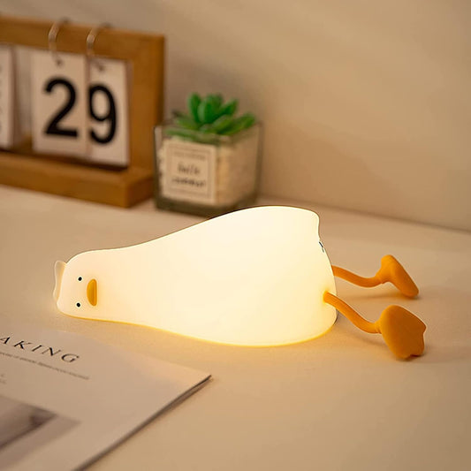 HAPPYBAG Cute Lying Flat Duck Night Light,Voice Control Fun Duck Lamp,LED Squishy Duck Light Soft Silicone Dimmable Nursery Nightlight Rechargeable Bedside Touch Lamp Baby Kids Room Decor