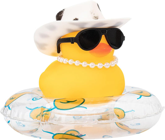 wonuu Car Rubber Duck, Yellow Duck Decoration Dashboard with Sun Hat Swim Ring Necklace Sunglasses for Car Dashboard Decorations, Black White Cowboy Hat-Transparent-Small Pearl