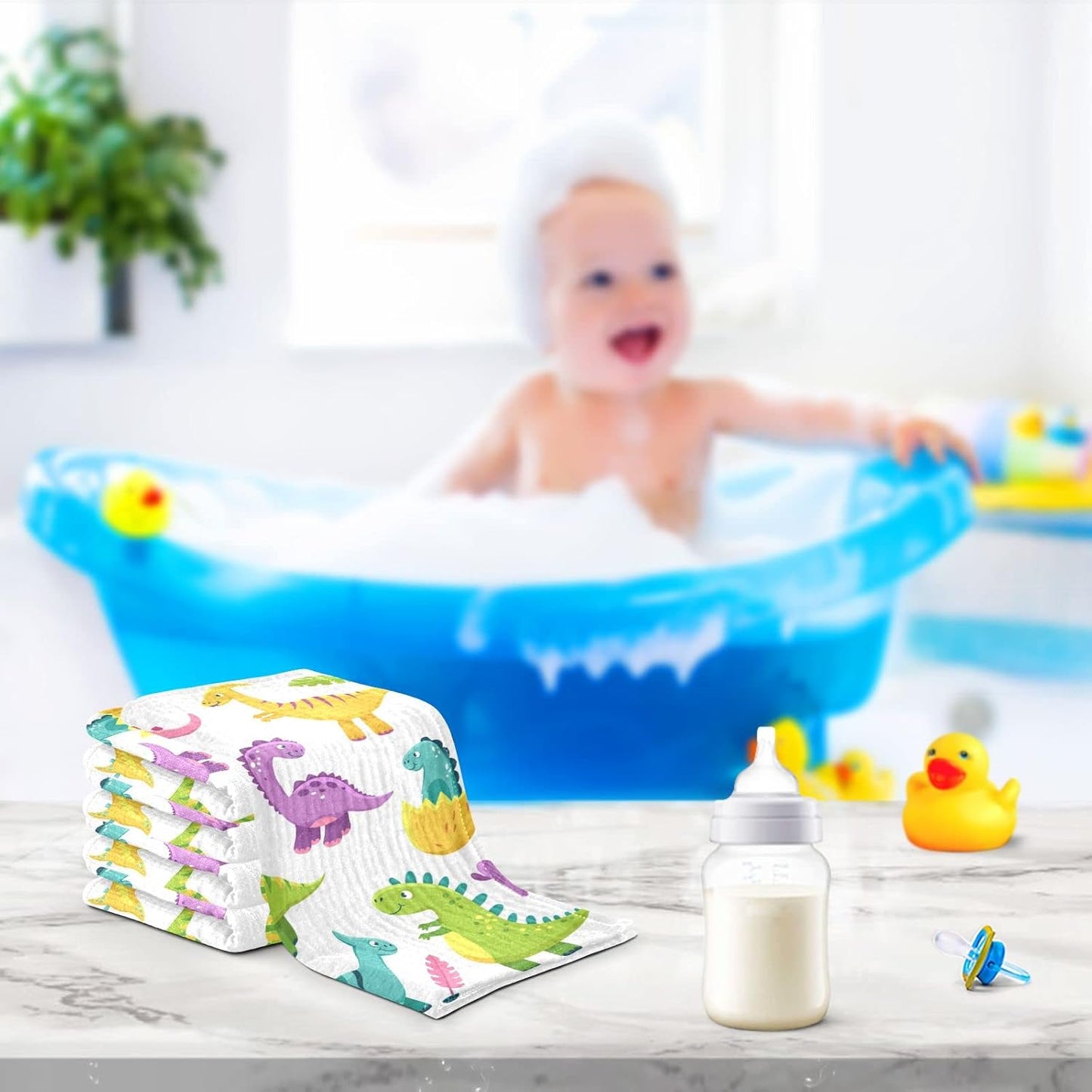 Cartoon Dinosaur Baby Muslin Washcloths Cute Burp Cloths Soft Absorbent Baby Wash Cloth Fingertip Face Towels for Newborn Boys Girls 12 x 12 in, 3 Pack