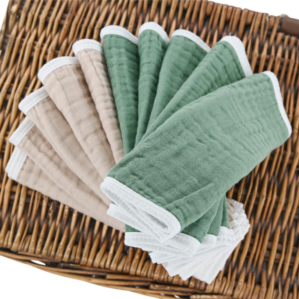 Synrroe Burp Cloths Large, Muslin Burp Cloths for Baby Girls and Boys, Pack of 10 Extra Absorbent and Soft Muslin, 6 Layers 20 by 10 Inches 100% Cotton (Brown-Green 10 Pack)