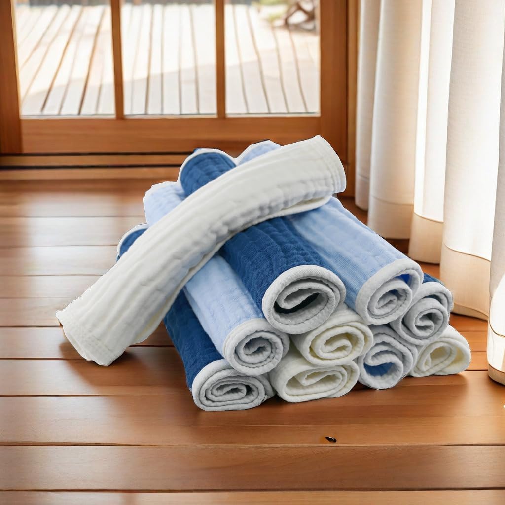 Synrroe Burp Cloths Large, Muslin Burp Cloths for Baby Girls and Boys, Pack of 4 Extra Absorbent and Soft Muslin, 6 Layers 20 by 10 Inches 100% Cotton (Blue Sets 4 Pack)