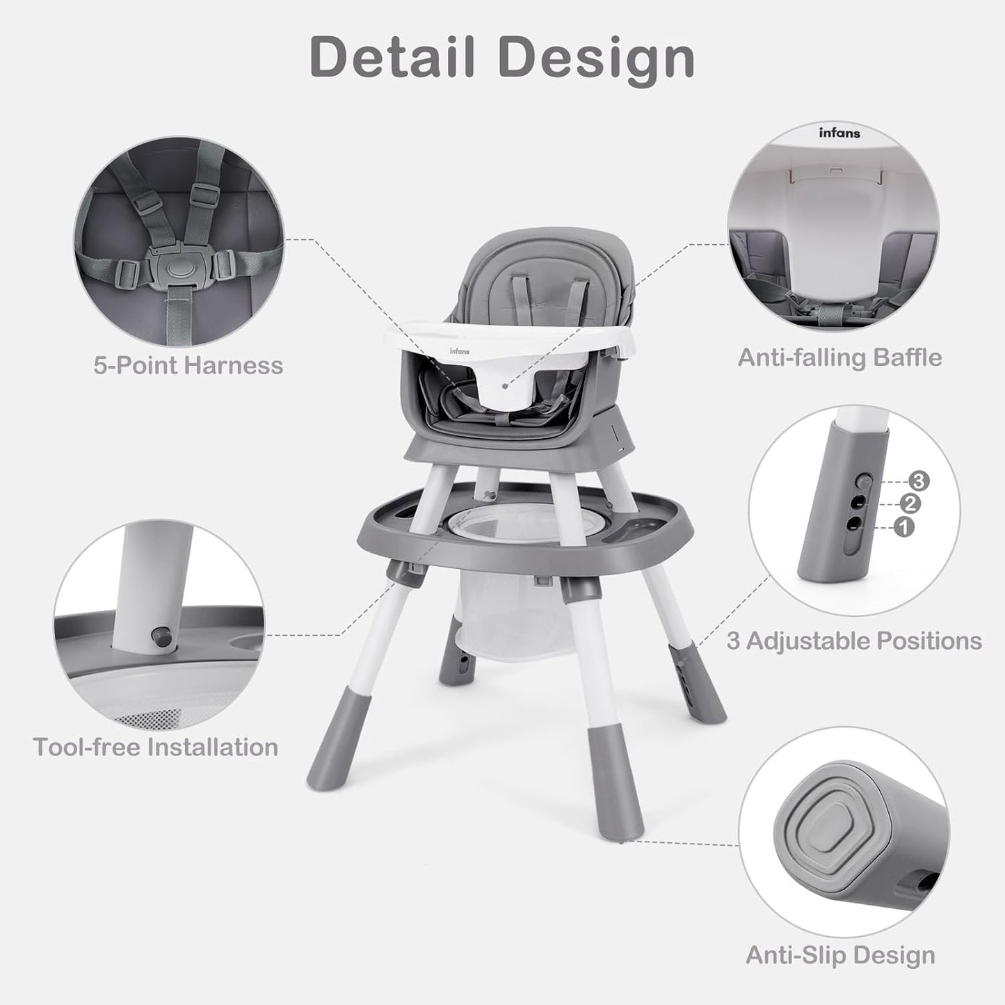INFANS 9 in 1 High Chair, Convertible Baby Highchair for Babies and Toddlers, Table and Chair Set Building Block Infant Dining Booster Seat, Kids Stool with Activity Children Play Kitchen (Grey)