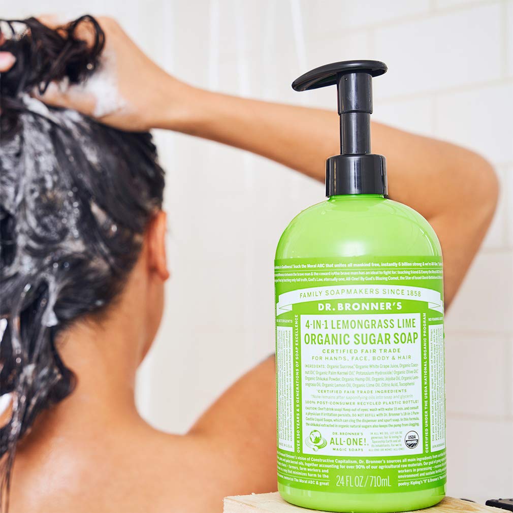 Dr. Bronner's - Organic Sugar Soap (Lemongrass, 24 Ounce) - Made with Organic Oils, Sugar and Shikakai Powder, 4-in-1 Uses: Hands, Body, Face and Hair, Cleanses, Moisturizes and Nourishes, Vegan