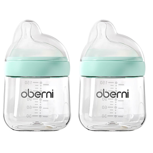 Baby Bottles with Slow Off-Centered Nipple for 0+ Months, Anti Colic Newborn Milk Feeding Bottle, 150ml/5oz/Blue/2Pack