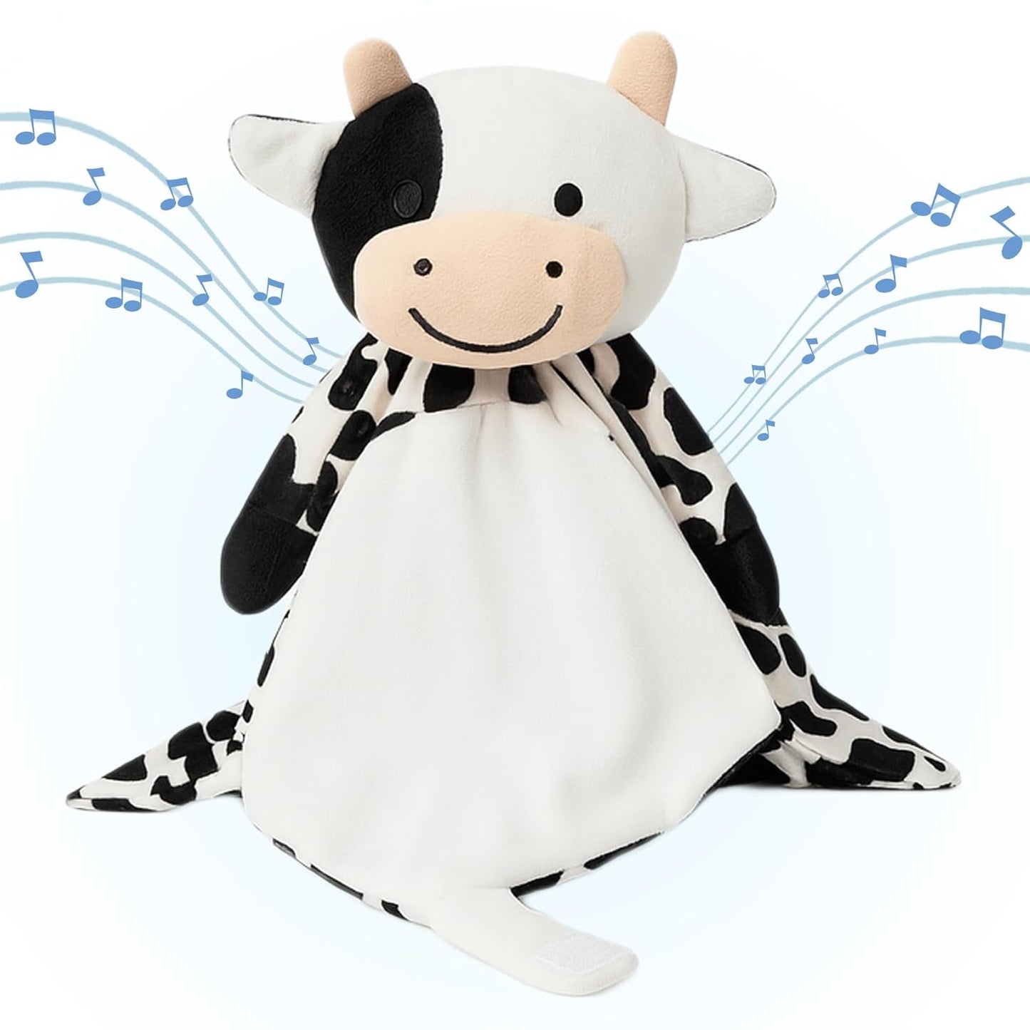 Baby Sleep Soother Black & White Cow Plush with Heartbeat & Lullaby Sounds, 4-in-1 Sound Machine, Security Blanket & Pacifier Holder, Baby Registry Essential & Christmas Gift for Newborns & Infants