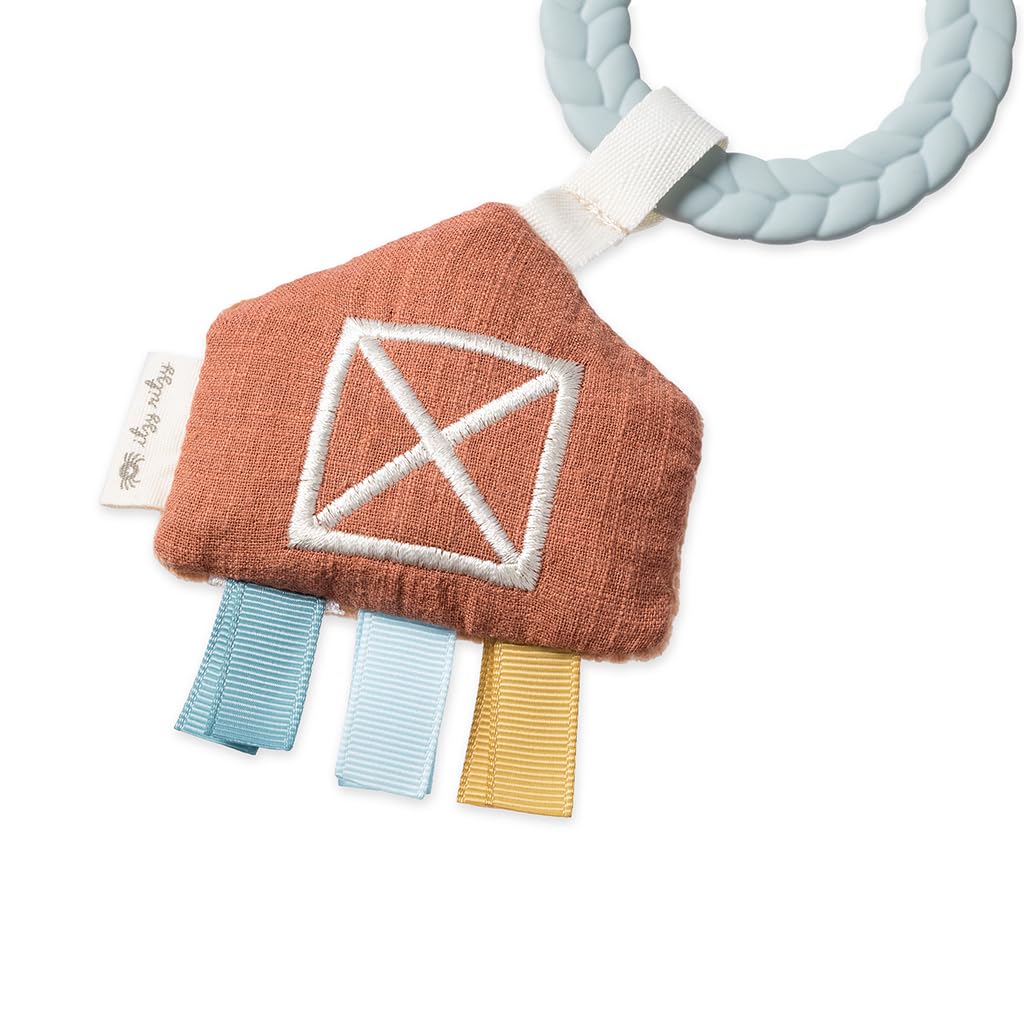 Itzy Ritzy Teething Activity Toy - Bitzy Busy Ring Infant Teething Toy Features Braided Ring & Dangling Toys, Includes Teether, Textured Ribbons, Crinkle Sound & Jingle Bell - 0 Months & Up (Farm)