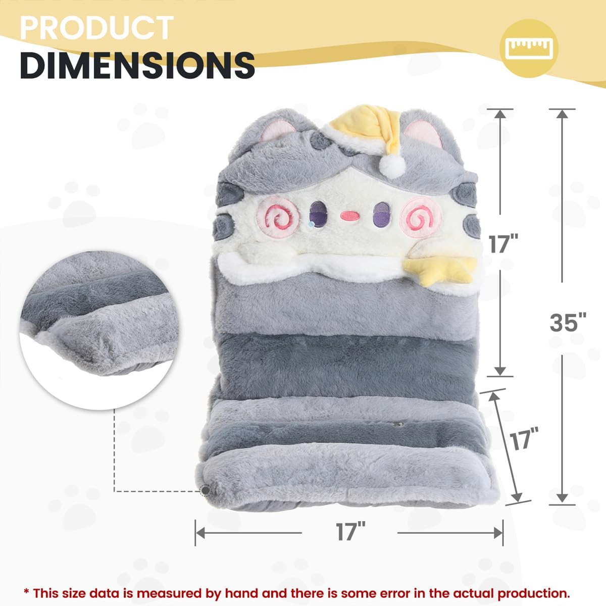 Cartoon Cat Seat Pads Non Slip Machine Wash Soft Cushion for Bedroom Décor, Gamer and Dining Chairs (35"x17", Grey)