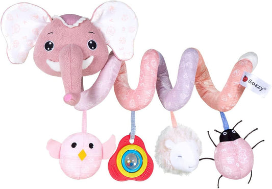 Jollybaby Crib Stroller Car Seat Toys for Baby 0-3-6-9-12 Months, Tummy Time Hanging Sensory Toys for Newborn with Music Box and Teether, Spiral Carseat Toy for Boys Girls Gifts (11-Sz Pink Elephant)