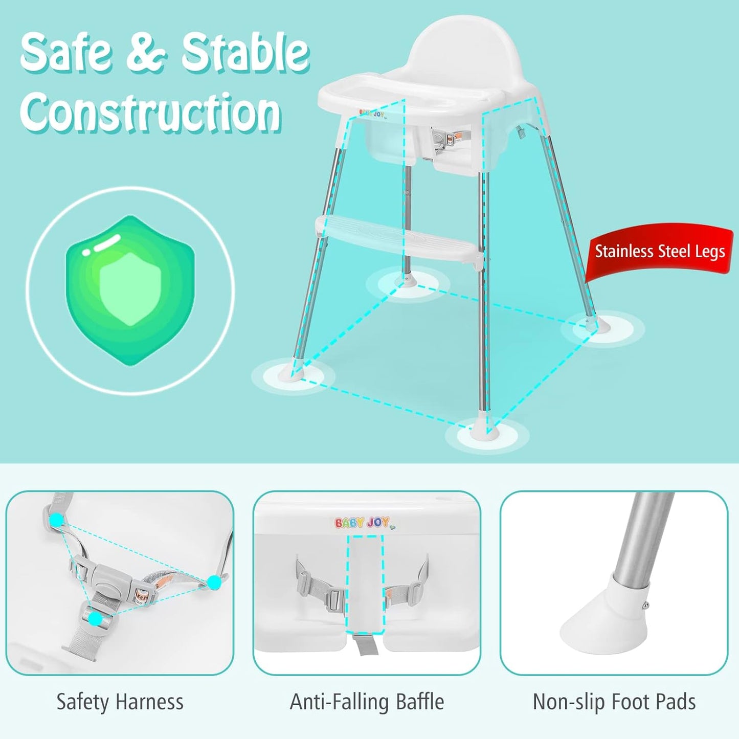 BABY JOY Baby High Chair, 4 in 1 Convertible Highchair for Babies & Toddlers with Adjustable Legs, Double Removable Tray, Safety Harness & Footrest (White)