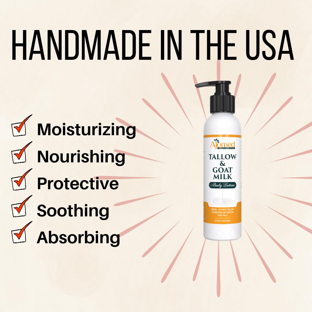 Tallow & Goat Milk Body Lotion for Sensitive Skin, Organic moisturizing Lotion - Soothes Dry skin, Goat Milk face and body Moisturizer - Handmade Tallow for skin cream (12 OZ, Sandalwood Vanilla)