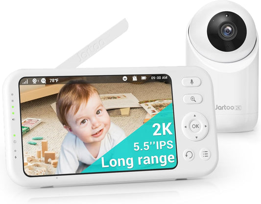 Jartoo 2K Video Baby Monitor with Camera and Audio, 1860ft Long Range Baby Monitor No WiFi 5.5" FHD Screen ANC Baby Camera Wireless, Feeding Clock, Night Vision, 2-Way Talk, AI Cry Detect, 6000mAh