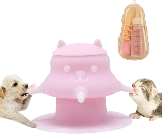 230ML Puppy Bottles for Nursing Puppy Milk - Premium Silicone Nursing Station with 4 Nipples - Dog Feeder for Multiple Newborn Puppies, Rabbits, Kittens Bottle Feeding Kit (Pink)