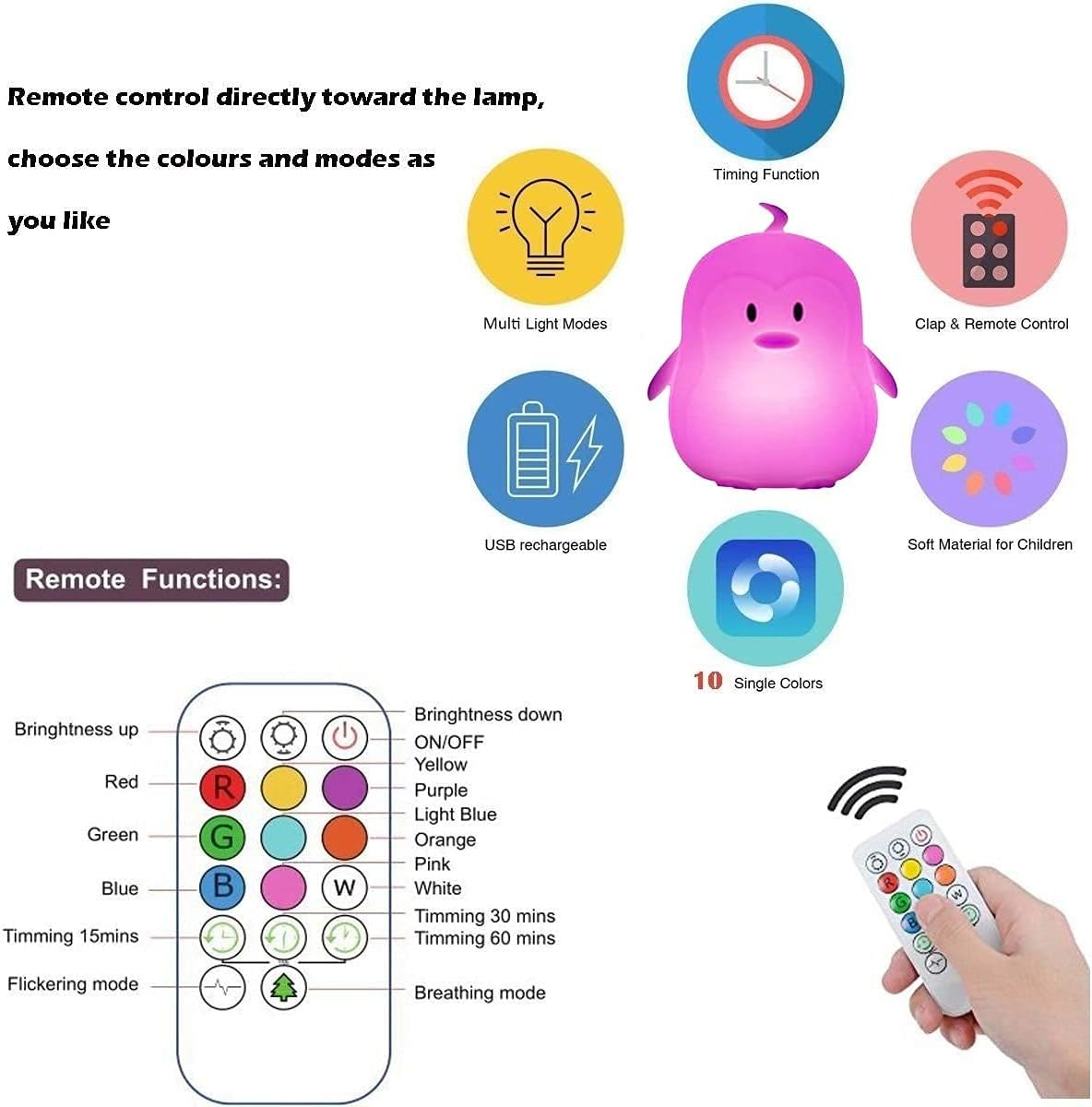 Night Light, LED Cute Silicone Lamp Bedside Lamp, Animal Light - 9 Colors Changing/USB Rechargeable/Remote Control/Dimmable Children Night Light for Kids/Bedroom/Baby Feeding - Medium Penguin