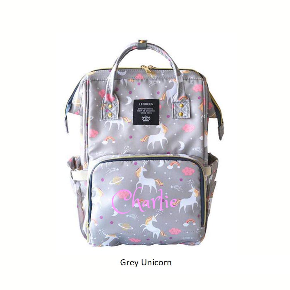 Personalized Large Diaper Bag Knapsack/Tote Bag/Backpack -Custom Monogram Embroidered for Infant/Baby Bag (Grey Unicorn 2)