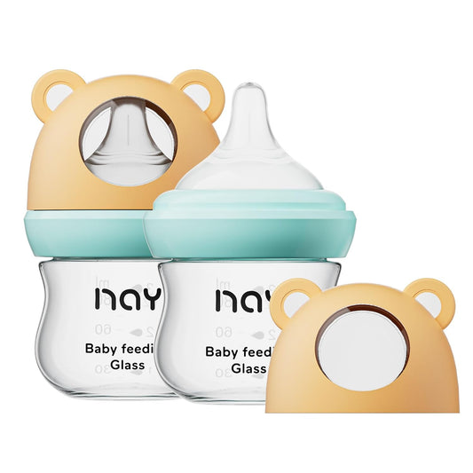 Natural Glass Baby Bottle for Breastfeeding Babies, 3oz Newborn Anti-Colic Baby Bottle with Slow Flow Nipples (SS), Clear, Wide Neck, 2 Pack, 0 Months+
