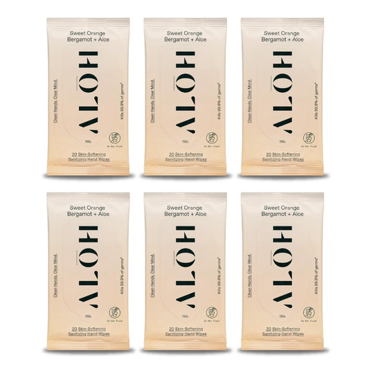 ALH Sweet Orange Bergamot + Aloe Sanitizing Hand Wipes - Clean Hands, Clear Mind - On The Go Hand Sanitizer for Kids & Adults - Travel Size 6 Packs (120 wipes)