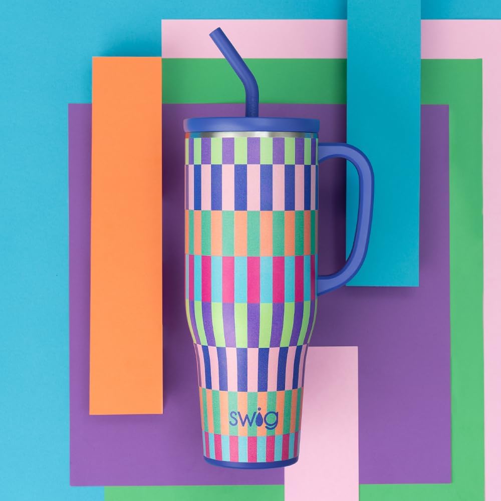 Swig Life 40oz Mega Mug, 40oz Tumbler with Handle and Straw, Extra Large Insulated Tumblers, Cup Holder Friendly Travel Mug (Brite Stripe)