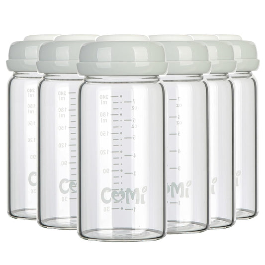COMI Wide Neck Glass Breastmilk Collection n Storage Bottle, 8oz with Screw Ring Sealing Disk; Re-markable Sealing Disc. BPA Free, Fits Breast Pumps & Nipples (6 Gray Lids)