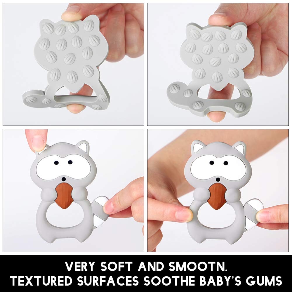 Baby Silicone Teether,Sensory Chew Toys,BPA Free Soft and Effective Infant Teething Pain Relief Toys,Freezer Safe,Food Grade Silicone,Best Shower Gift for Boys and Girls (Raccoon)