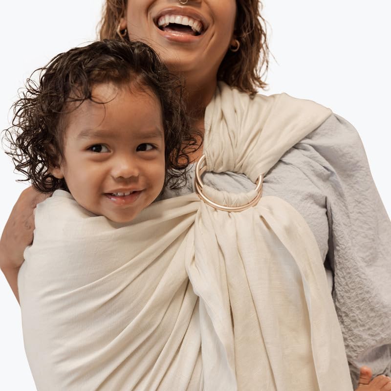 WildBird - Ring Sling Baby Carrier - Newborn to Up to 35 lbs - for Moms, Dads & Caregivers - 100% Natural European Linen Fibers - Versatile & Adjustable - 90” Size - Sparrow Fabric & Black Ring