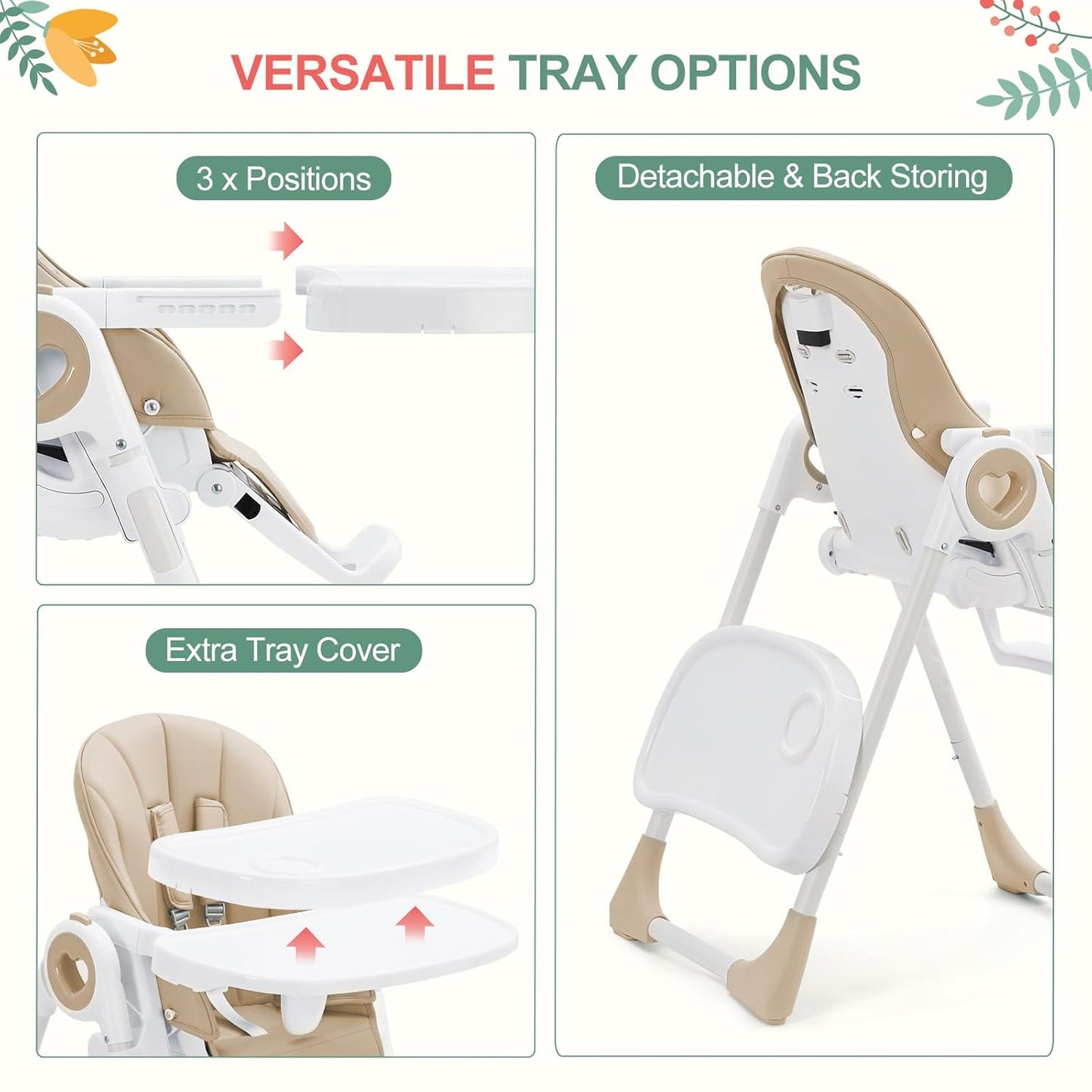 Foldable High Chairs for Babies and Toddlers, Adjustable Infant Baby Chair with Removable Tray and Non-Slip Foot Pads, Highchair for Children Aged 6 to 36 Months, Champagne
