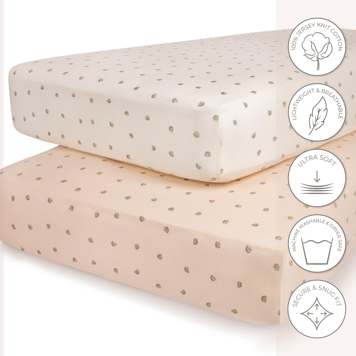Ely’s & Co. Crib Sheets, Baby Girl Fitted Crib Mattress Sheet Set, 2 Pack, 100% Jersey Knit Cotton, Infant and Toddler Nursery Bedding, Pink Vintage Print, 28” x 52”