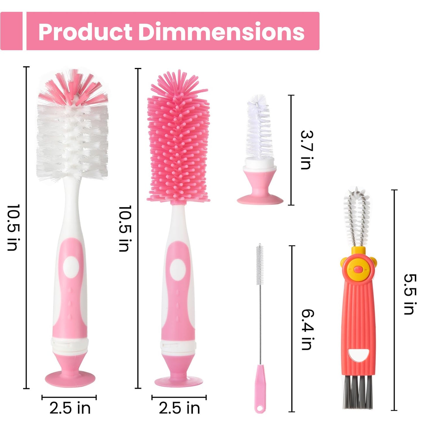 5-in-1 Baby Bottle Brush Set, Including Nylon and Silicone Bottle Brush, Cap, Straw, Nipple Brushes, BPA-Free (Pink)