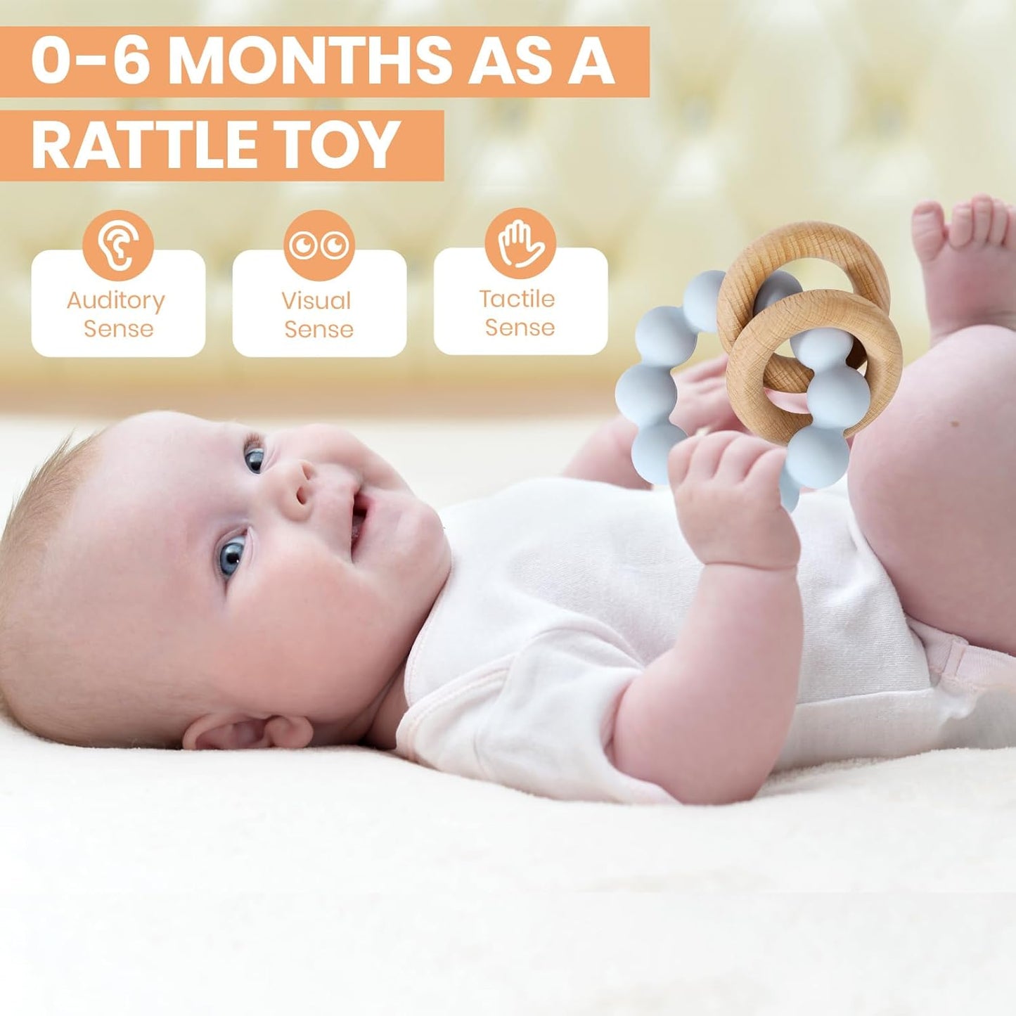 Socub Baby Teething Toys for 0-6 6-12 Months | BPA-Free Food-Grade Silicone & Natural Beech Wood Teether Ring for Newborn Infants Teething Relief | Easy-Grip Sensory Rattle Toys(Baby Blue)