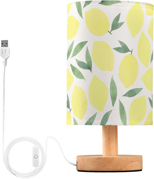 Table Lamp Watercolor Lemon and Leaf Pattern Pastel Color Fruit Print Nightstand Lamp with Wood Base Fabric Lamp Shade Bedside Desk Lamp for Living Room Bedroom Kids Room Office