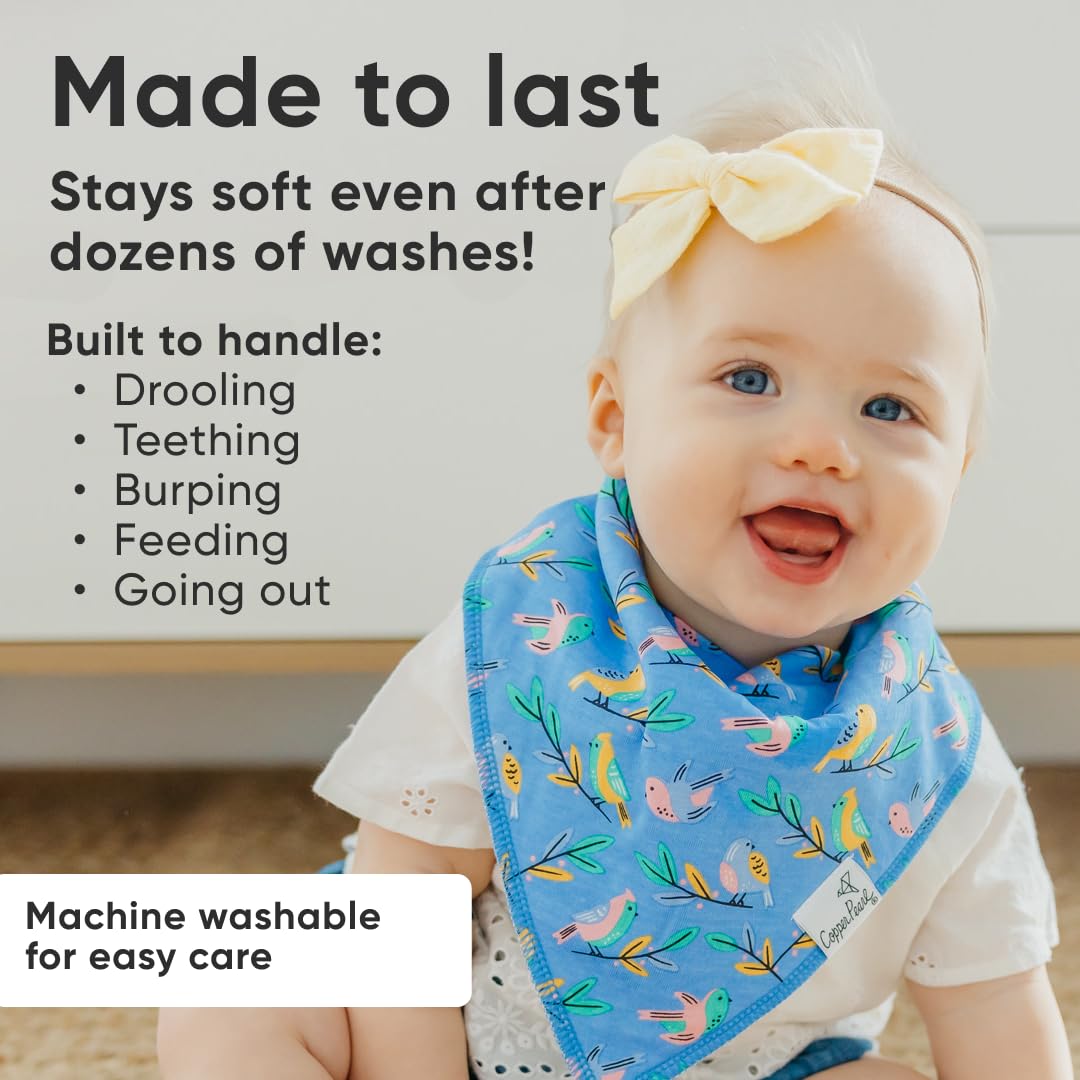 Copper Pearl 4 Pack Soft Cotton Baby Bibs for Drooling and Teething, Absorbent Drool Bibs for Baby Girl and Boy, Adjustable to Fit Newborns to Toddlers, Tons of Styles (Birdie)