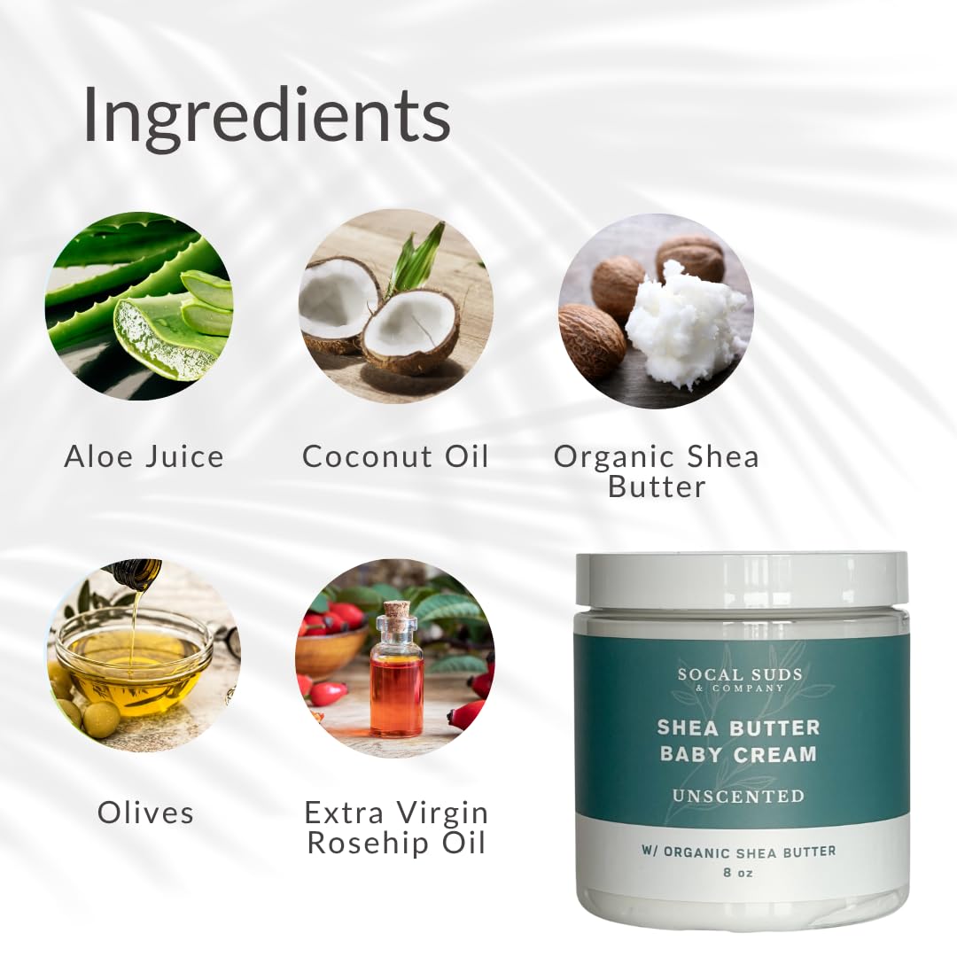 SoCal Suds & Company - Natural & Organic Baby Cream - Gentle Moisturizing Cream for Infant Skin, Nourishing with Aloe, Shea Butter & Coconut Oil, Tender Newborn Skincare - Fragrance Free, 8oz