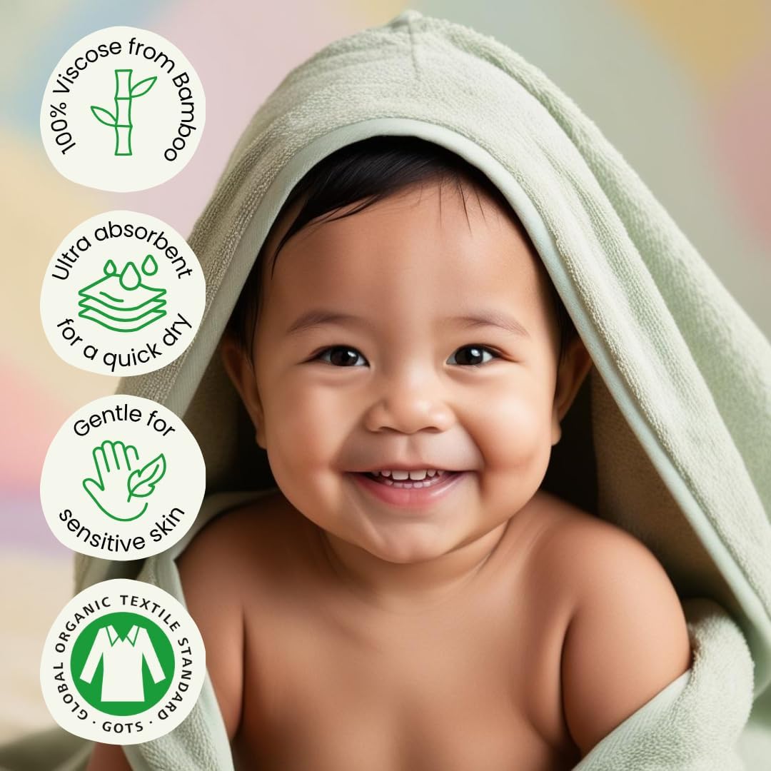 Hooded Baby Toddler Towel and Washcloth Set Made with Viscose from Bamboo, Large Size of 35" x 35", Soft and Absorbent, Baby Essential in White