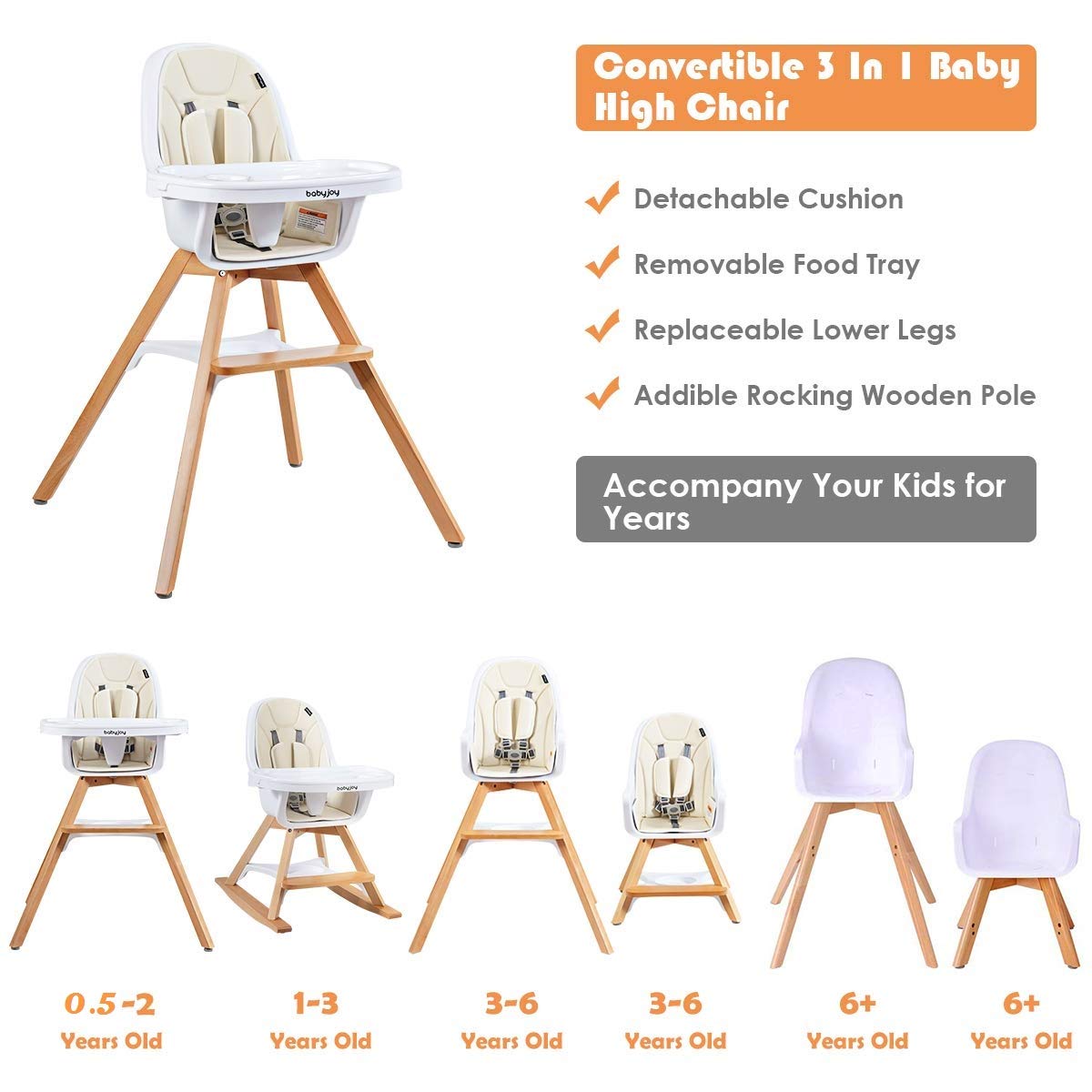 BABY JOY 3 in 1 High Chair, Baby Eat & Grow Convertible Wooden High Chair/Rocking Chair/Booster Seat/Toddler Chair, Infant Dining Chairs w/Double Removable Tray, 5-Point Seat Belt & PU Cushion, Beige