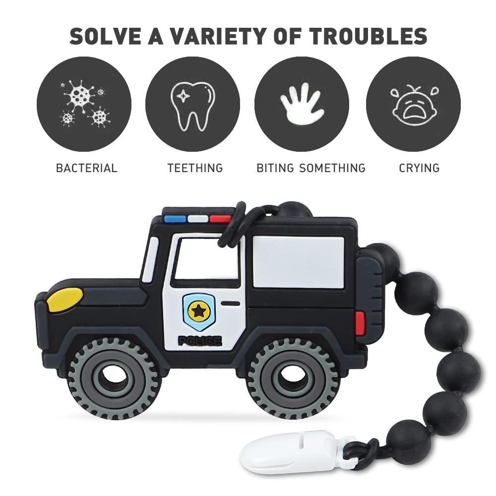 Baby Construction Vehicles Teething Toys,Food Grade Silicone Teether with One-Piece Pacifier Clip Holder,Shower Gift for 3 Months+ Boy and Girl,BPA Free,Freezer Safe. (Police Car)