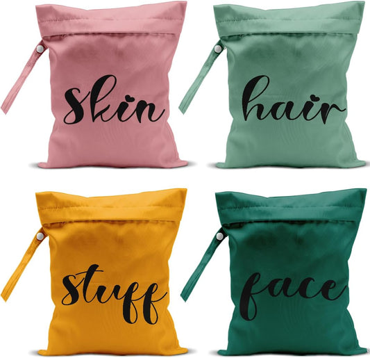4 Pack Cute Wet Bag Waterproof Reusable Wet Dry Bag for Swimsuit Clothes Cloth Diaper Travel Pool Toiletries for Women Mom Birthday Christmas (Pink Green Yellow Face Stuff Skin Hair Organizer Gift)