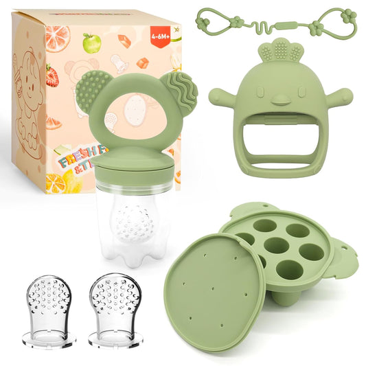 Baby Fruit/Food Feeder with Breastmilk Popsicle Molds & Teether Combo Food Grade Silicon for 6M+ Breastmilk Pops, Frozen Fruit, Baby Teething Relief(Green)