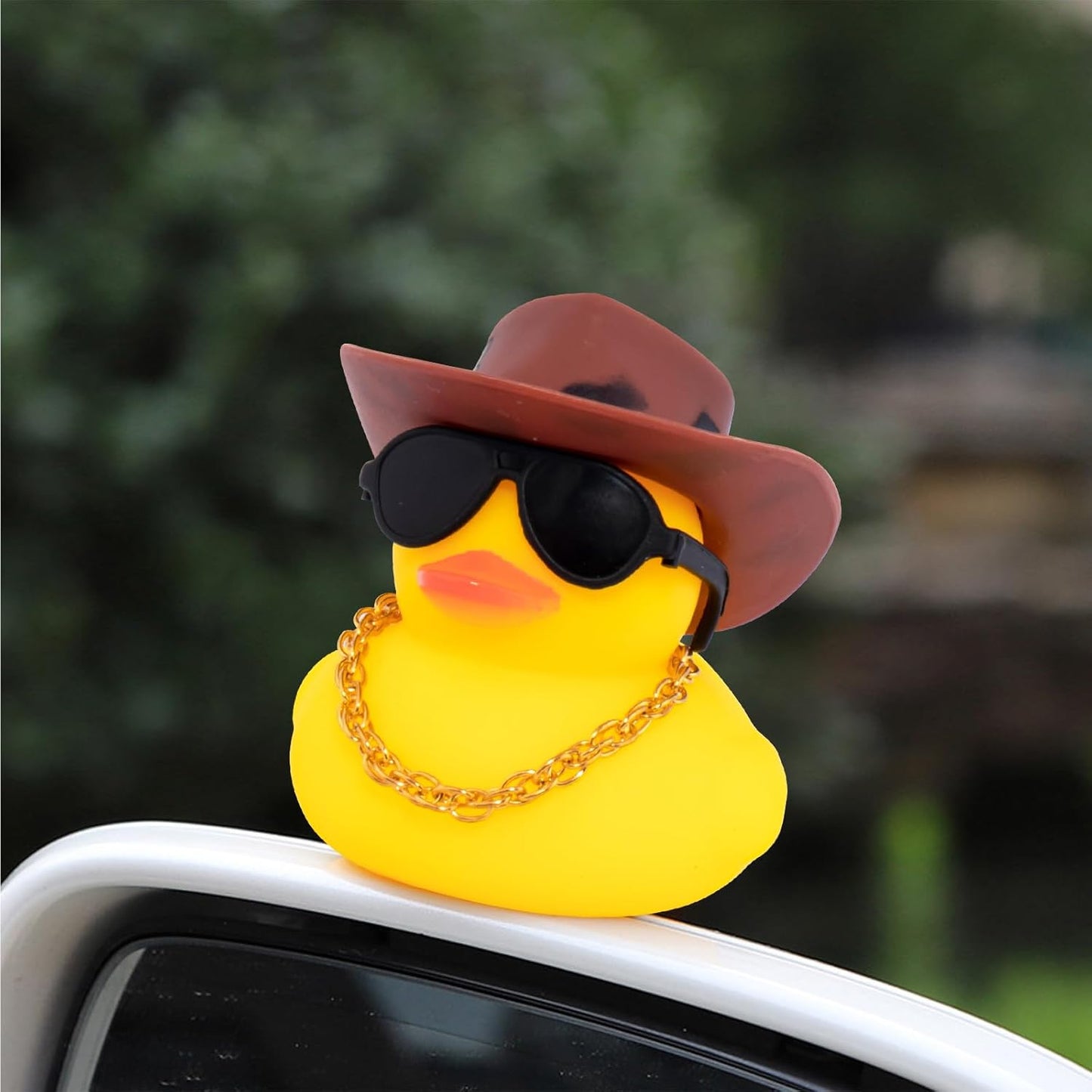wonuu Car Rubber Duck, Yellow Duck Decoration Dashboard with Sun Hat Swim Ring Necklace Sunglasses for Car Dashboard Decorations, Black Spots Brown Cowboy Hat-Brown Donut